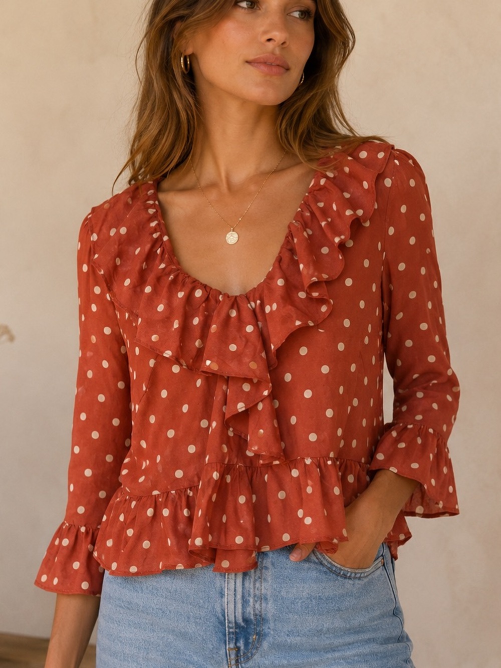 Realisation 100% Silk Polka Dot Ruffle Rust Red Blouse size Medium